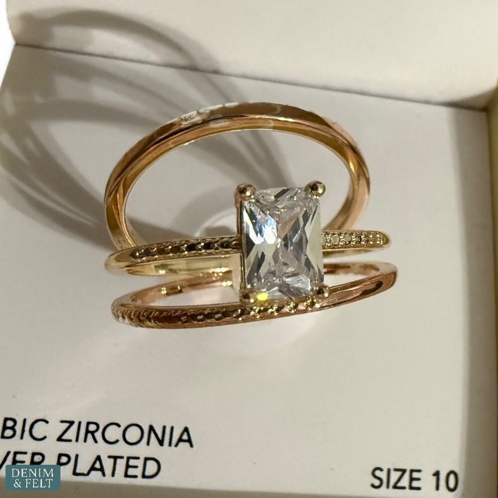 Charter Club Silver-Tone 3-Pc Emerald-Cut Crystal Bridal Ring Set Size‎ 10 NEW